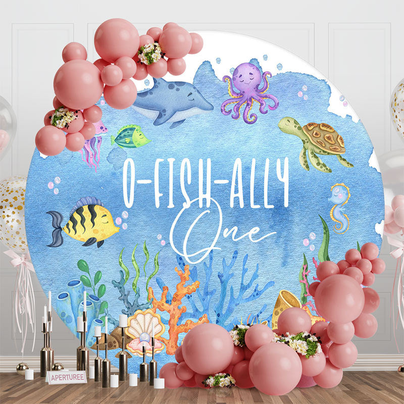 Aperturee - Aperturee Round Blue Undersea O Fish Ally One Birthday Backdrop