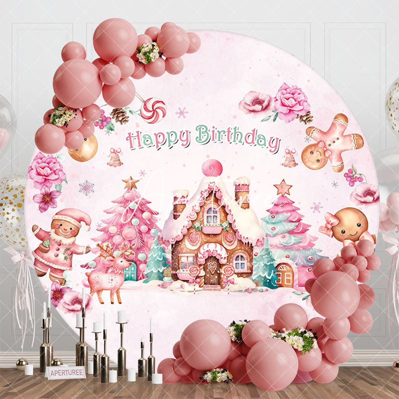 Aperturee - Aperturee Round Christmas Gingerbread House Birthday Backdrop