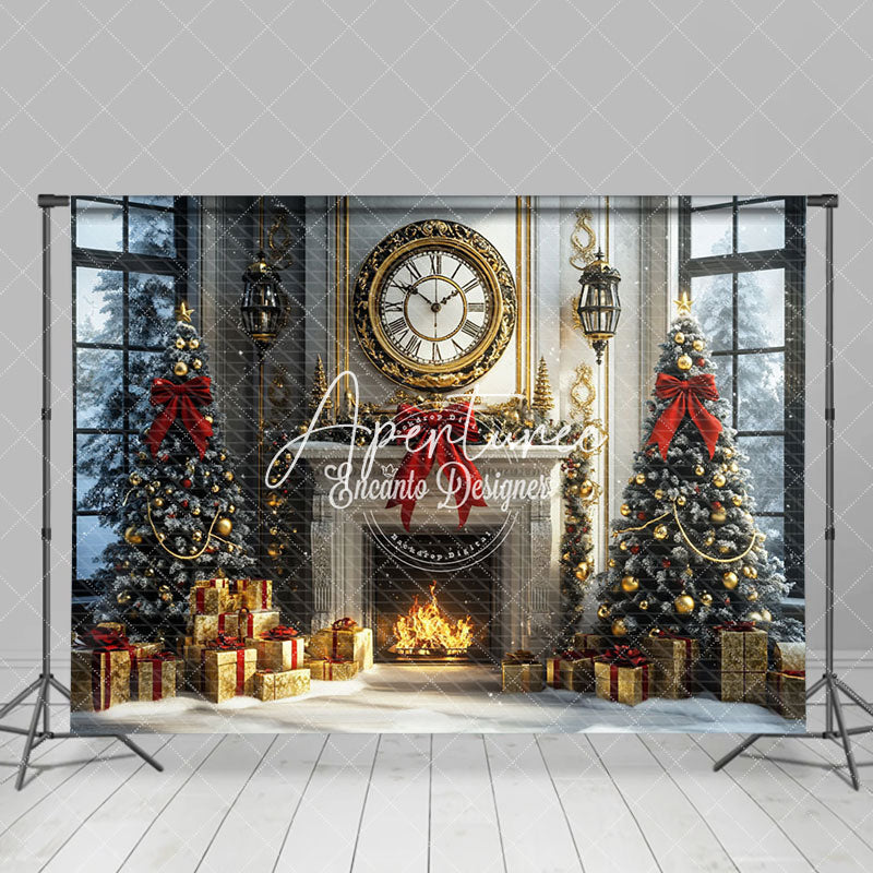 Aperturee - Aperturee Round Clock Fireplace Golden Gift Box Xmas Backdrop