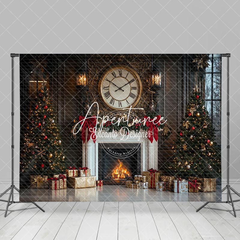 Aperturee - Aperturee Round Clock White Fireplace Gift Box Xmas Backdrop