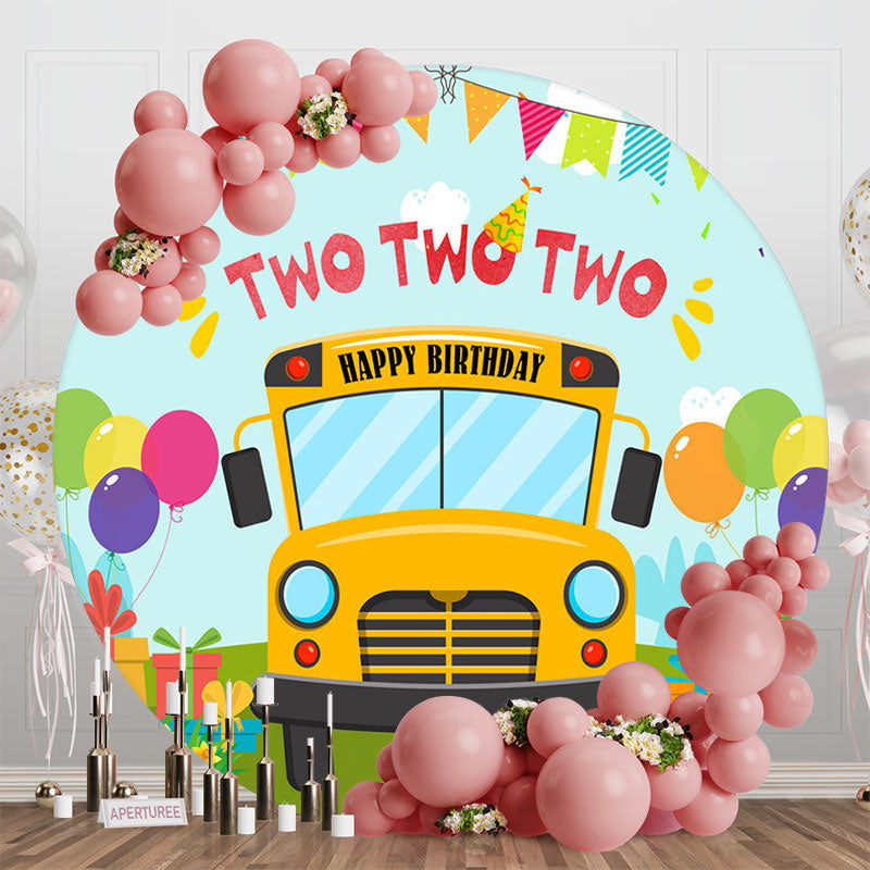 Aperturee - Aperturee Round Colorful School Bus 2nd Birthday Backdrop