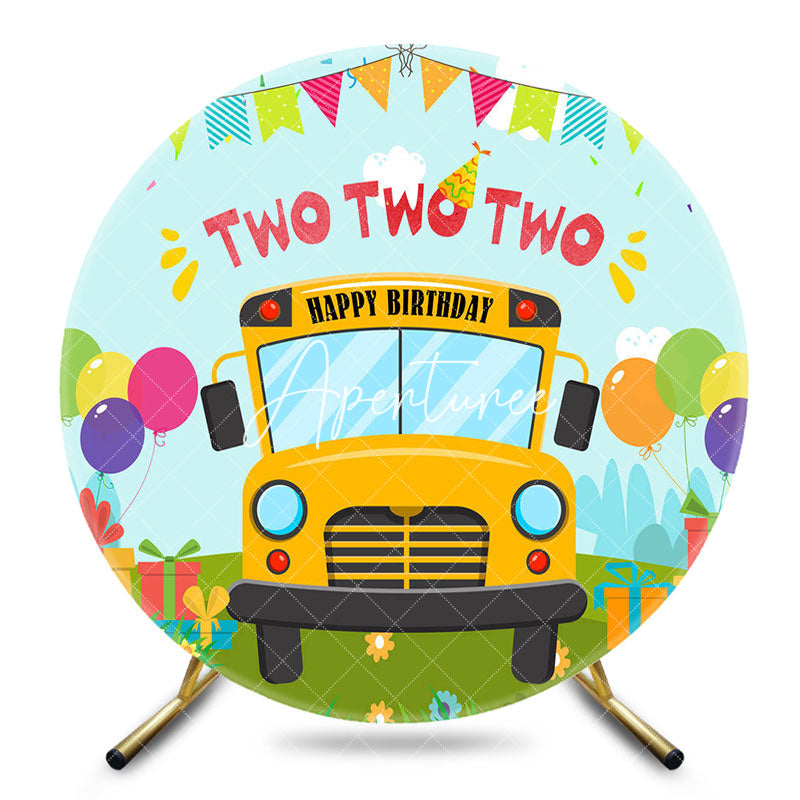 Aperturee - Aperturee Round Colorful School Bus 2nd Birthday Backdrop