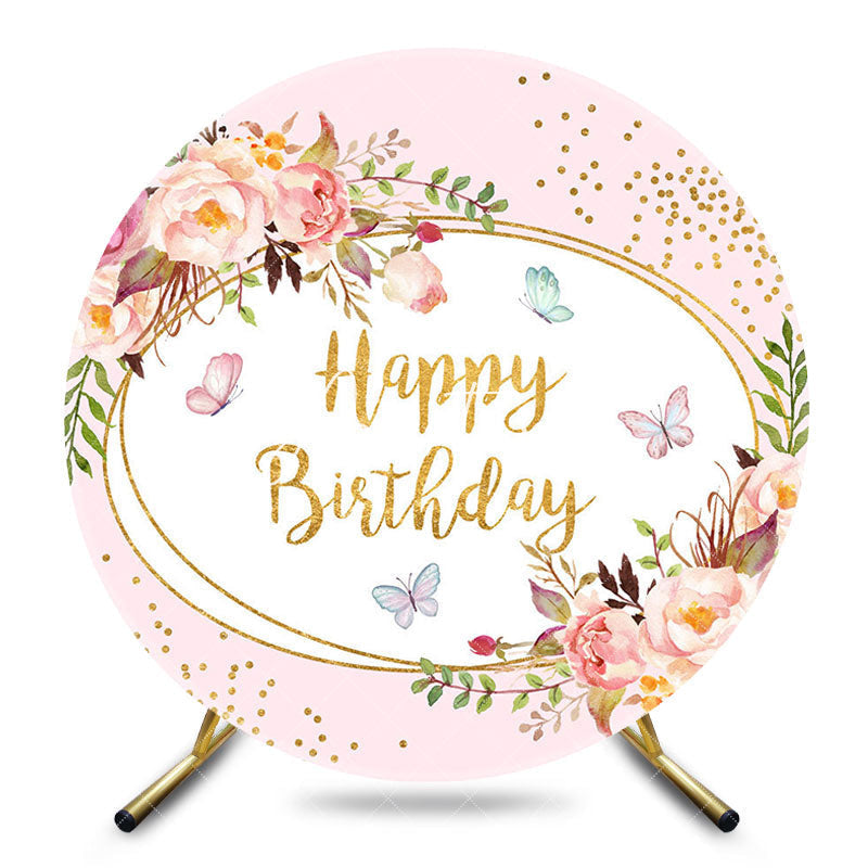 Aperturee - Aperturee Round Floral Gold Glitter Happy Birthday Backdrop