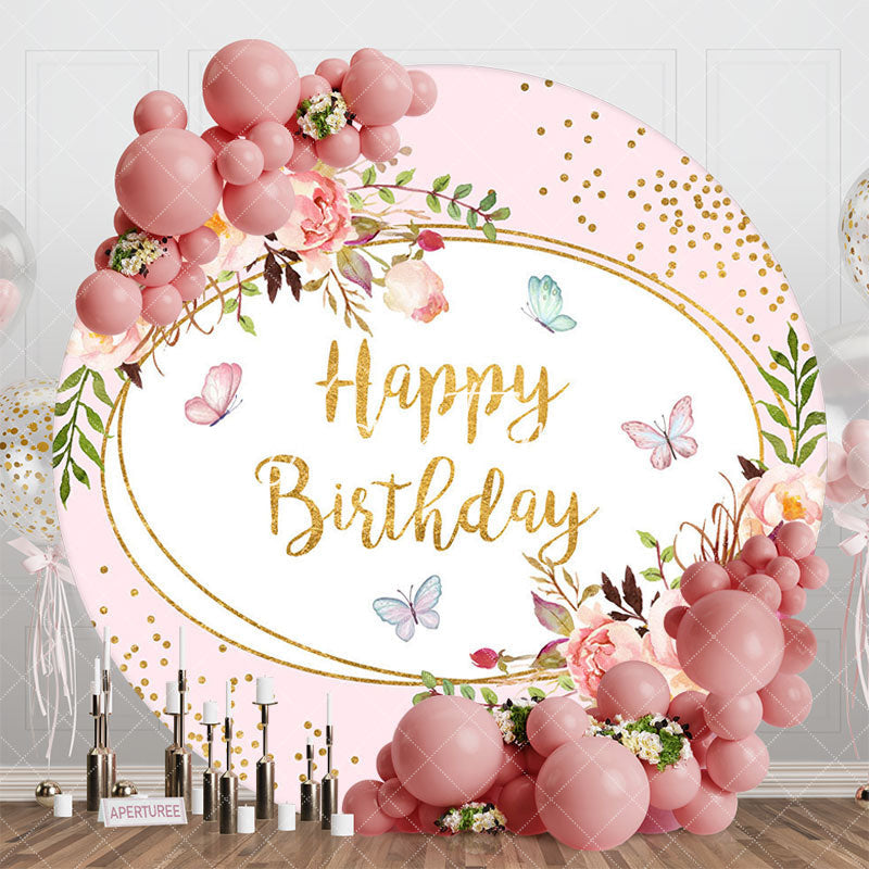 Aperturee - Aperturee Round Floral Gold Glitter Happy Birthday Backdrop