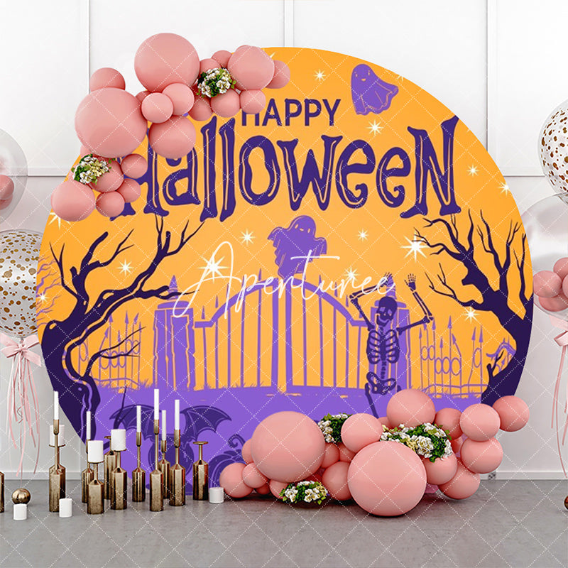 Aperturee - Aperturee Round Orange Purple Gate Cemetery Halloween Backdrop