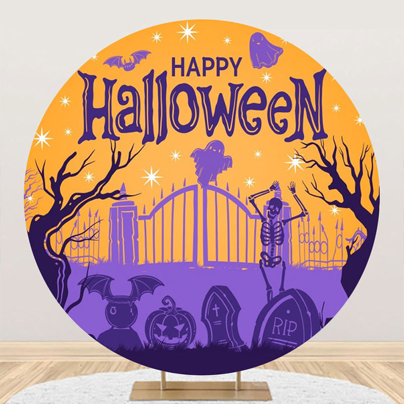 Aperturee - Aperturee Round Orange Purple Gate Cemetery Halloween Backdrop