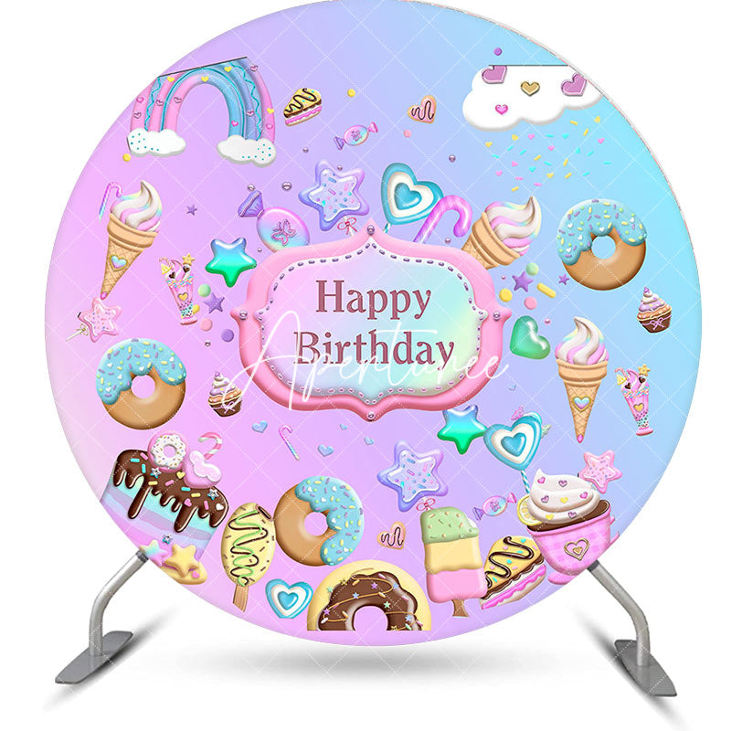 Aperturee - Aperturee Round Pink Blue Candyland Happy Birthday Backdrop