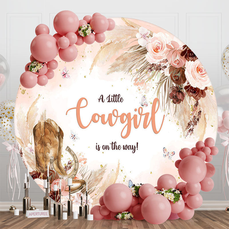 Aperturee - Aperturee Round Pink Boho Floral Cowgirl Baby Shower Backdrop