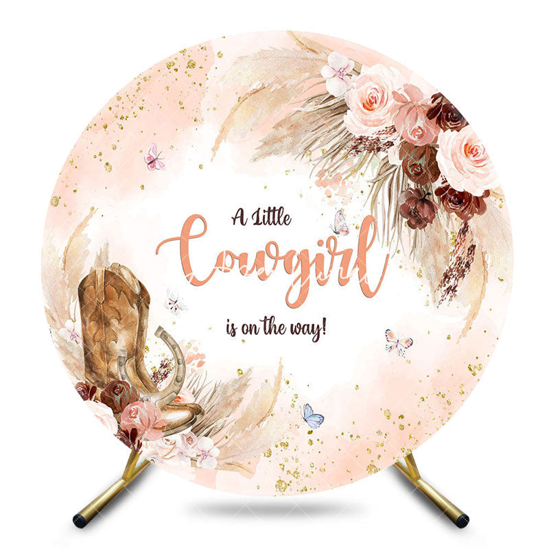 Aperturee - Aperturee Round Pink Boho Floral Cowgirl Baby Shower Backdrop