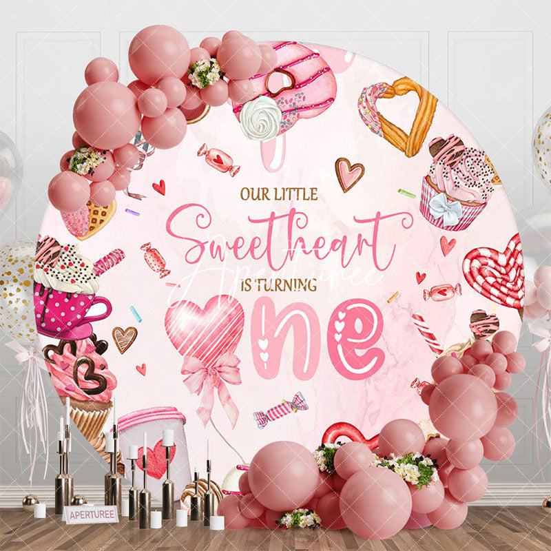 Aperturee - Aperturee Round Pink Candyland Sweetheart 1st Birthday Backdrop