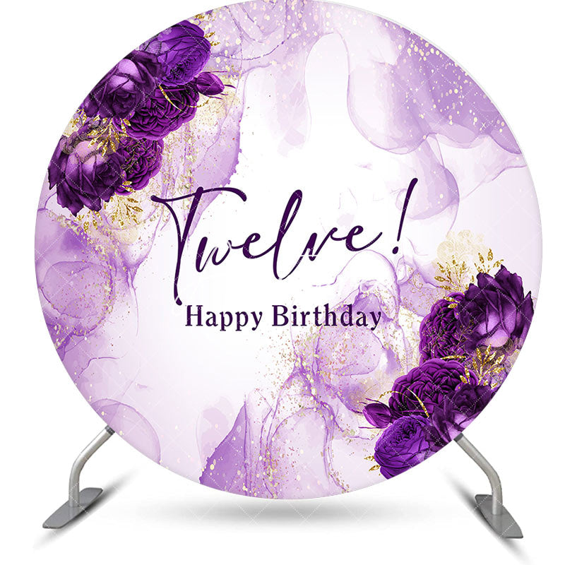 Aperturee - Aperturee Round Purple Floral Marbled 12th Birthday Backdrop