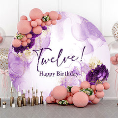 Aperturee - Aperturee Round Purple Floral Marbled 12th Birthday Backdrop