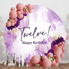 Aperturee - Aperturee Round Purple Floral Marbled 12th Birthday Backdrop