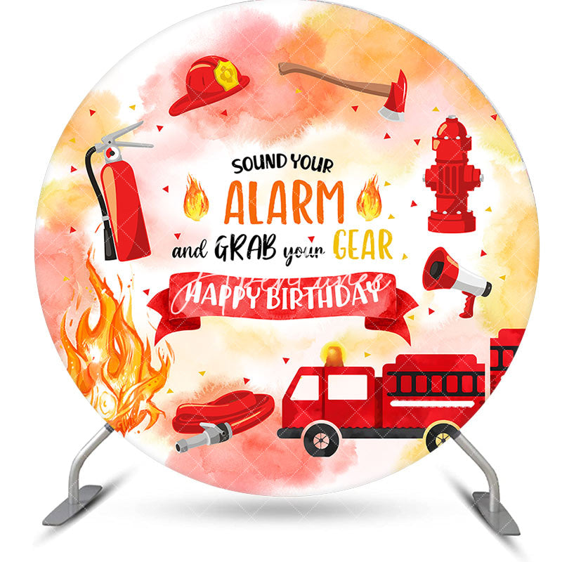 Aperturee - Aperturee Round Red Car Firefighting Happy Birthday Backdrop