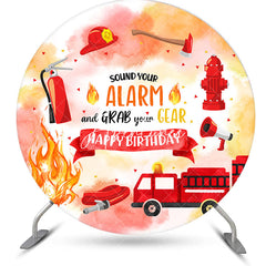 Aperturee - Aperturee Round Red Car Firefighting Happy Birthday Backdrop