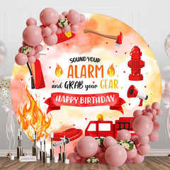 Aperturee - Aperturee Round Red Car Firefighting Happy Birthday Backdrop