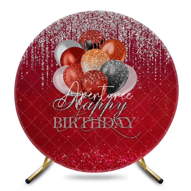 Aperturee - Aperturee Round Red Glitter Balloons Happy Birthday Backdrop