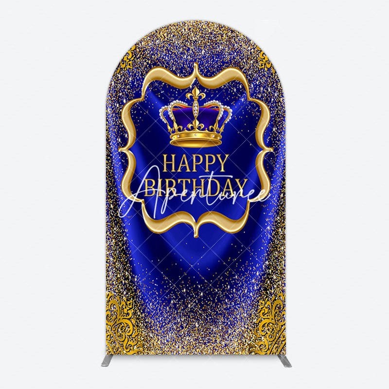 Aperturee - Aperturee Royal Blue Gold Glitter Crown Birthday Arch Backdrop