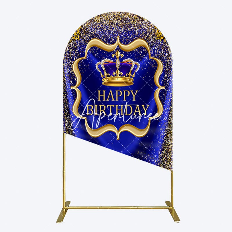 Aperturee - Aperturee Royal Blue Gold Glitter Crown Birthday Arch Backdrop