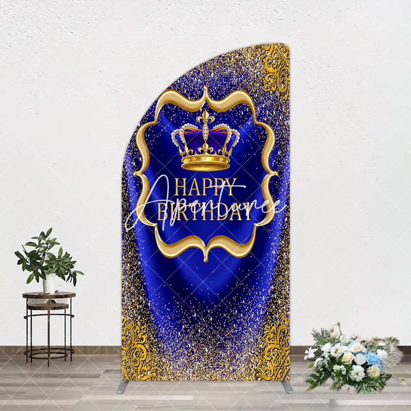 Aperturee - Aperturee Royal Blue Gold Glitter Crown Birthday Half Moon Arch Backdrop