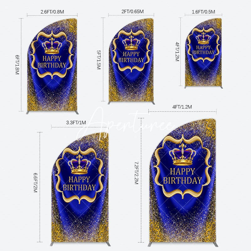 Aperturee - Aperturee Royal Blue Gold Glitter Crown Birthday Half Moon Arch Backdrop