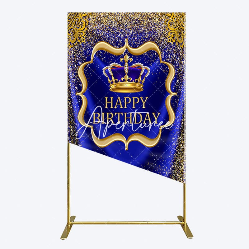 Aperturee - Aperturee Royal Blue Gold Glitter Crown Birthday Rectangle Backdrop