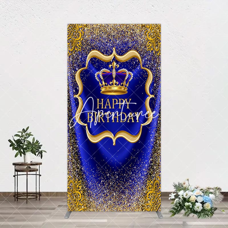 Aperturee - Aperturee Royal Blue Gold Glitter Crown Birthday Rectangle Backdrop