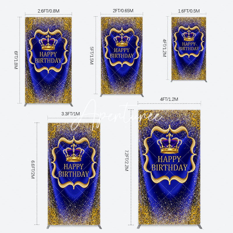 Aperturee - Aperturee Royal Blue Gold Glitter Crown Birthday Rectangle Backdrop