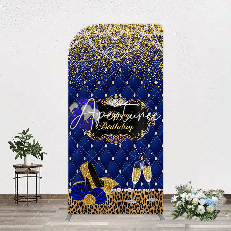 Aperturee - Aperturee Royal Blue Gold Glitter Rose Birthday Arch Backdrop