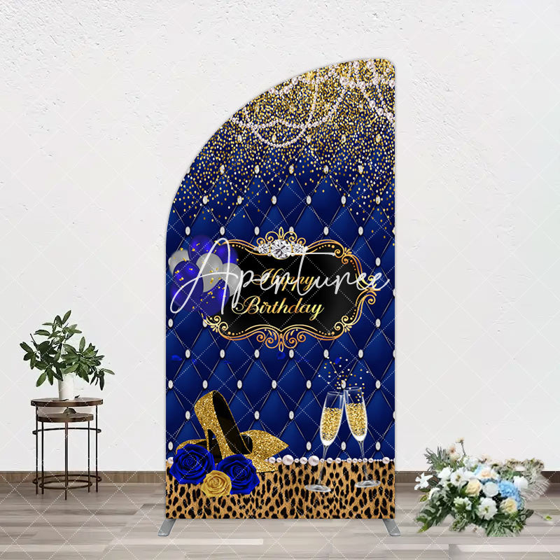 Aperturee - Aperturee Royal Blue Gold Glitter Rose Birthday Arch Backdrop