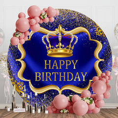 Aperturee - Aperturee Royal Blue Gold Glitter Round Happy Birthday Backdrop