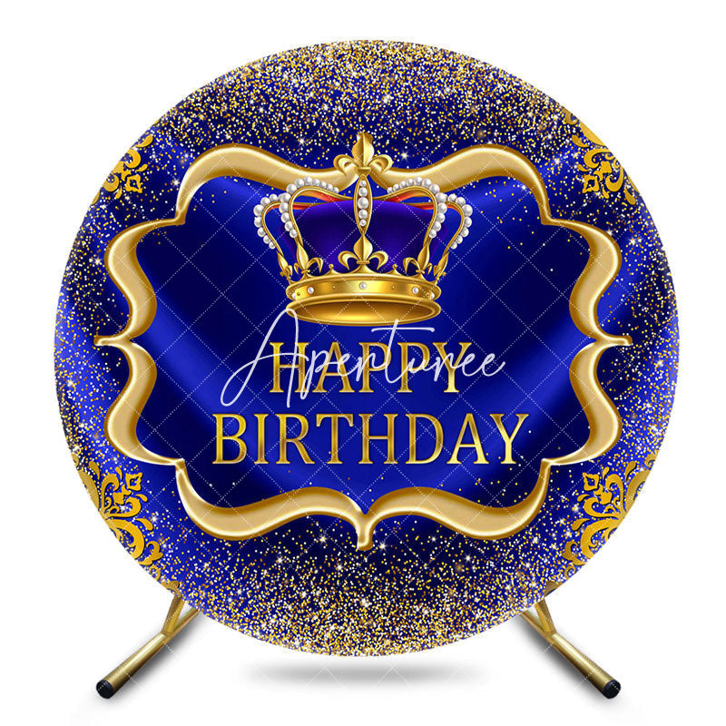 Aperturee - Aperturee Royal Blue Gold Glitter Round Happy Birthday Backdrop