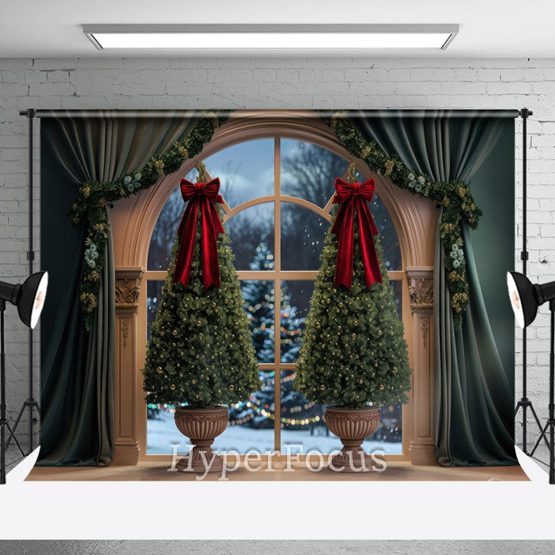 Aperturee - Aperturee Royal Green Curtain Window Scene Christmas Backdrop