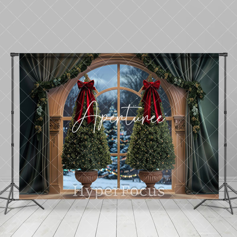 Aperturee - Aperturee Royal Green Curtain Window Scene Christmas Backdrop