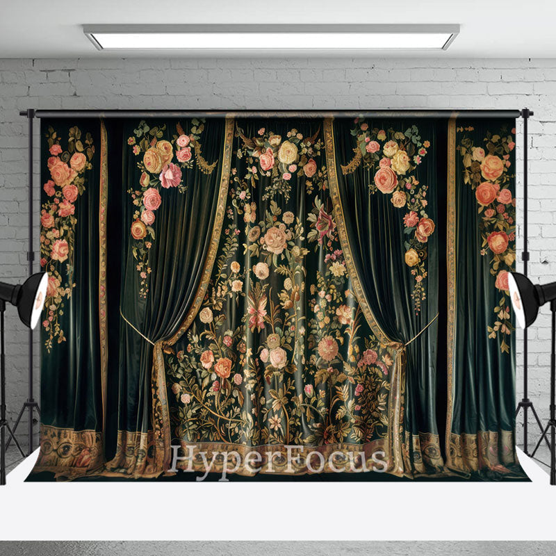 Aperturee - Aperturee Royal Luxury Green Floral Curtain Fine Art Backdrop