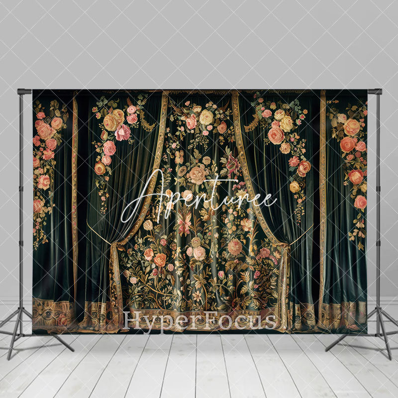 Aperturee - Aperturee Royal Luxury Green Floral Curtain Fine Art Backdrop