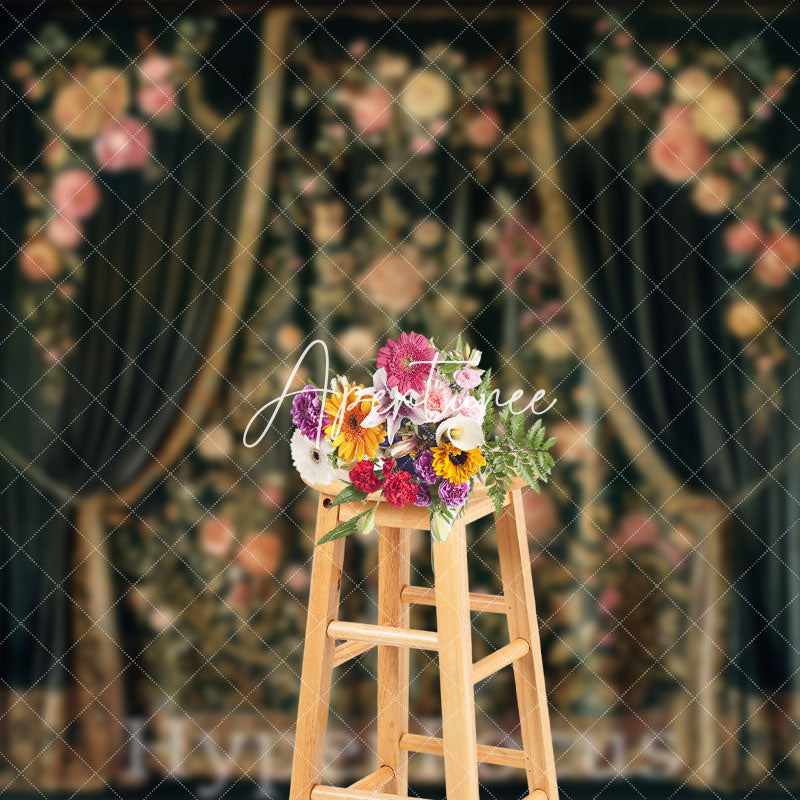 Aperturee - Aperturee Royal Luxury Green Floral Curtain Fine Art Backdrop