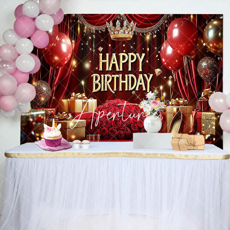 Aperturee - Aperturee Royal Red Balloon Rose Crown Happy Birthday Backdrop