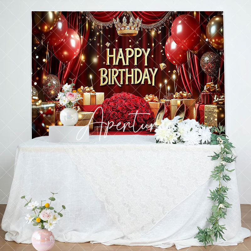 Aperturee - Aperturee Royal Red Balloon Rose Crown Happy Birthday Backdrop