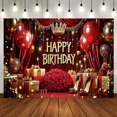 Aperturee - Aperturee Royal Red Balloon Rose Crown Happy Birthday Backdrop