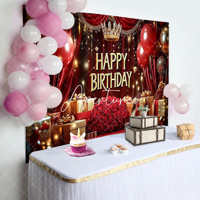 Aperturee - Aperturee Royal Red Balloon Rose Crown Happy Birthday Backdrop