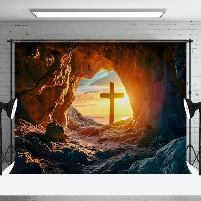 Aperturee - Aperturee Rugged Cave Sunset Cross Scenery Easter Backdrop