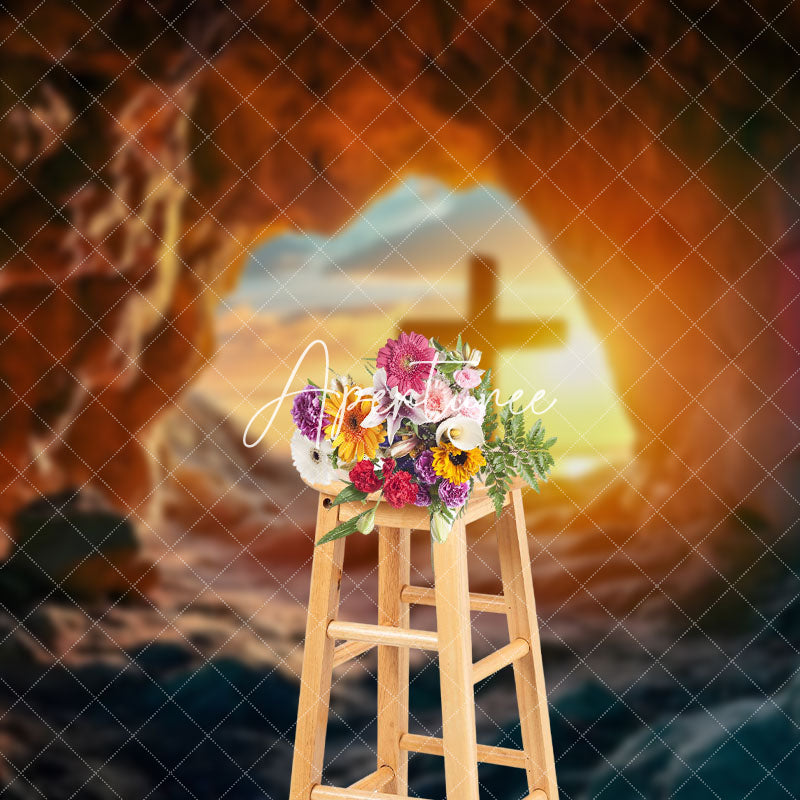 Aperturee - Aperturee Rugged Cave Sunset Cross Scenery Easter Backdrop