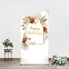 Aperturee - Aperturee Rural Boho Floral Gold Happy Birthday Arch Backdrop