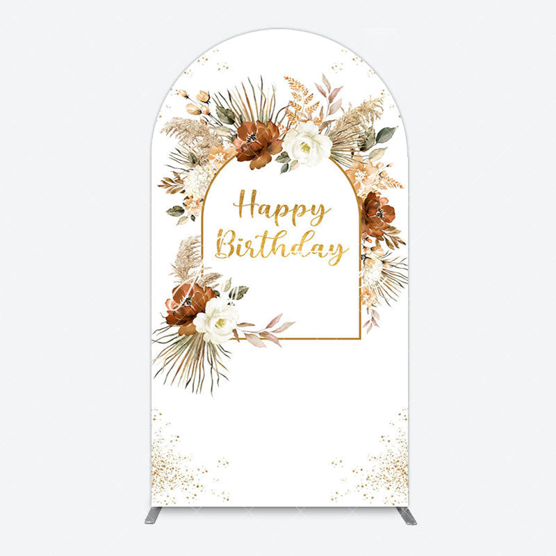 Aperturee - Aperturee Rural Boho Floral Gold Happy Birthday Arch Backdrop