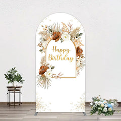 Aperturee - Aperturee Rural Boho Floral Gold Happy Birthday Arch Backdrop