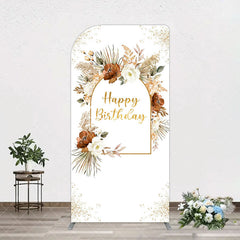 Aperturee - Aperturee Rural Boho Floral Gold Happy Birthday Arch Backdrop