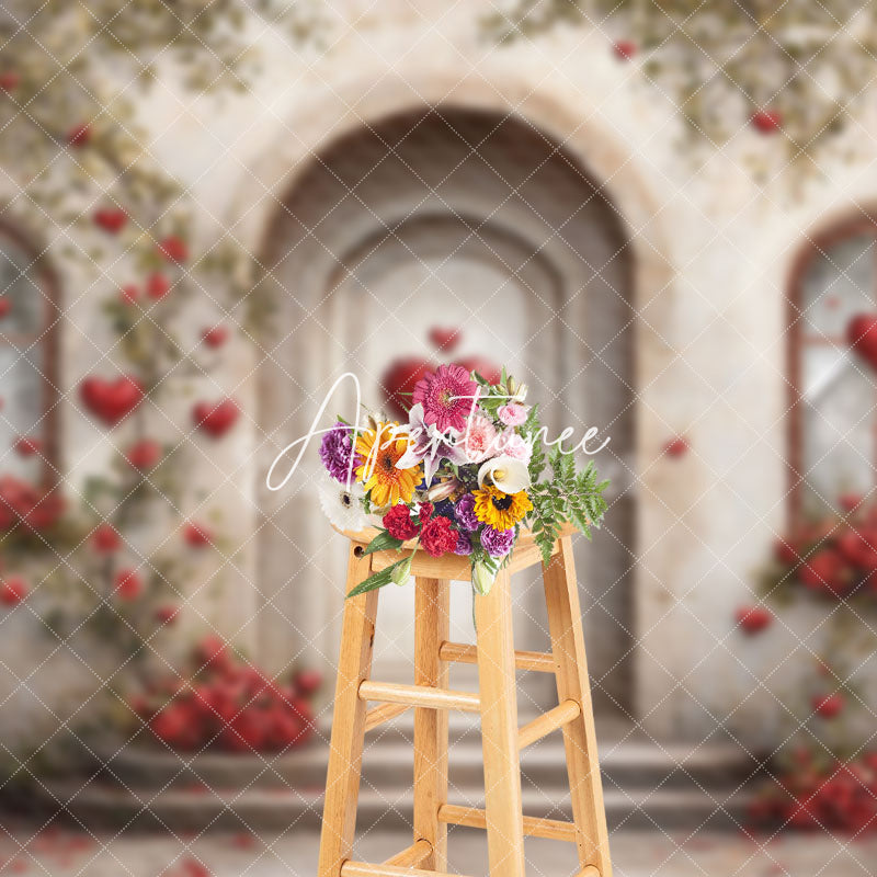 Aperturee - Aperturee Rural House Red Rose Greenery Valentines Day Backdrop