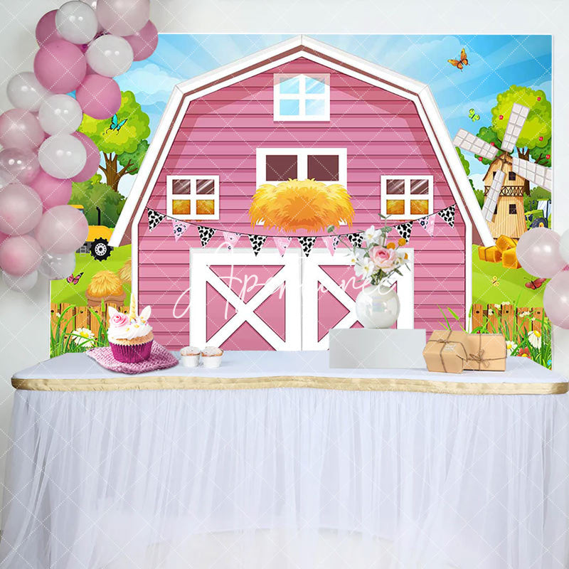 Aperturee - Aperturee Rural Pink Barn Door Farm Happy Birthday Backdrop