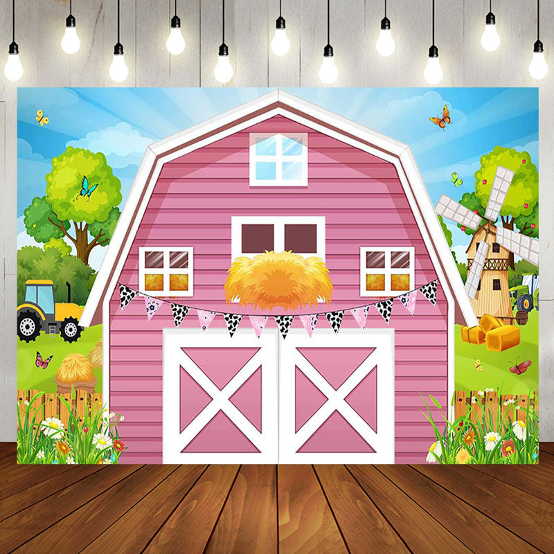 Aperturee - Aperturee Rural Pink Barn Door Farm Happy Birthday Backdrop